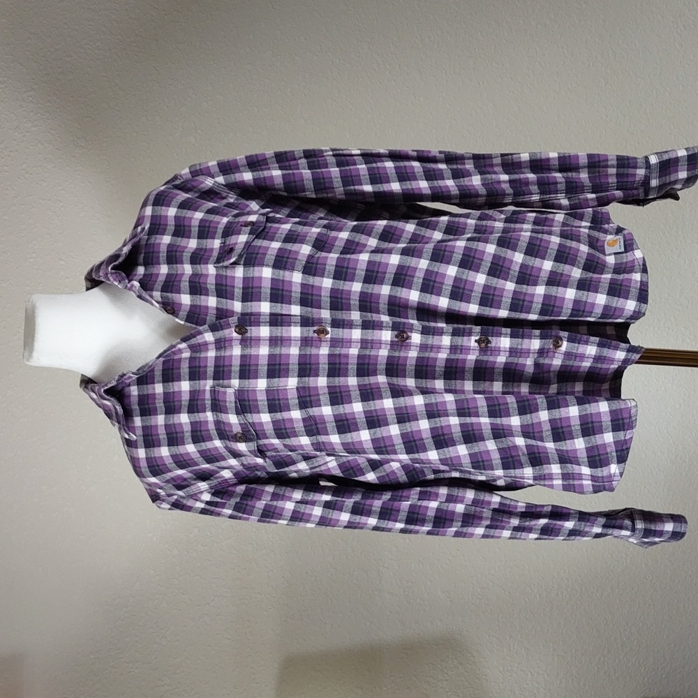 Carhartt Women's Flannel Shirt Purple White Size L ( 12/14) Plaid Button Up